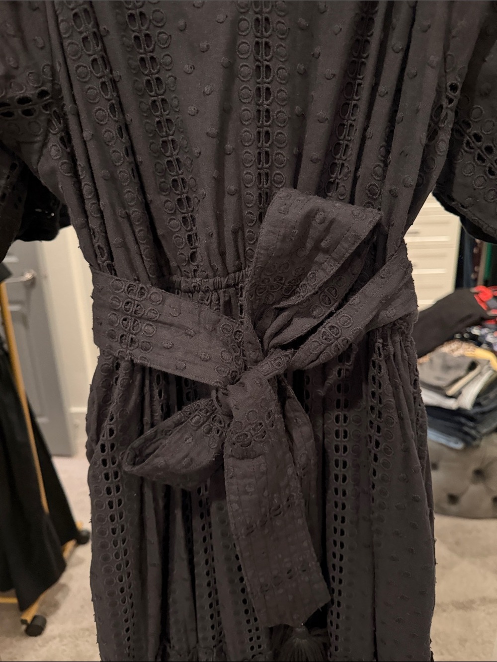 Black Eyelet Maxi Dress with Tie Waist - Picture 5 of 6
